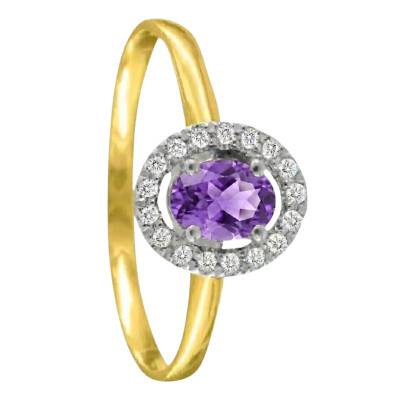 Solitaire Accompagné Améthyste & 17 Diamants de Synthèse 0,12 ct en 2 Ors 750, Taille 54 - Ocarat