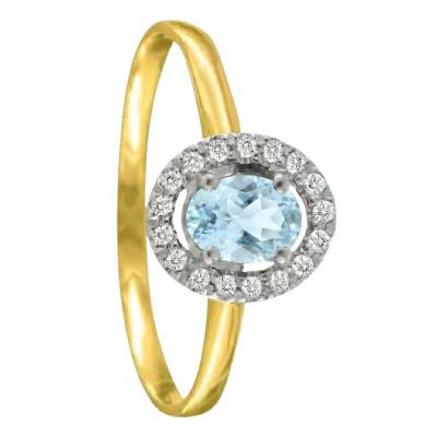 Solitaire Accompagné Aigue-Marine & 17 Diamants de Synthèse 0,12 ct en 2 Ors 750, Taille 54 - Ocarat