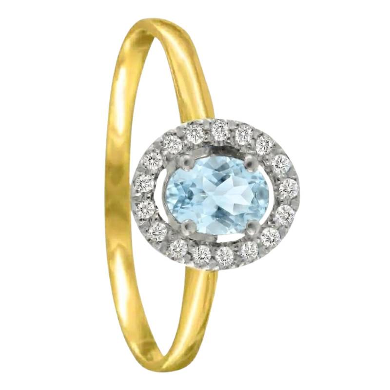 Solitaire Accompagné Aigue-Marine & 17 Diamants de Synthèse 0,12 ct en 2 Ors 750, Taille 54 - Ocarat