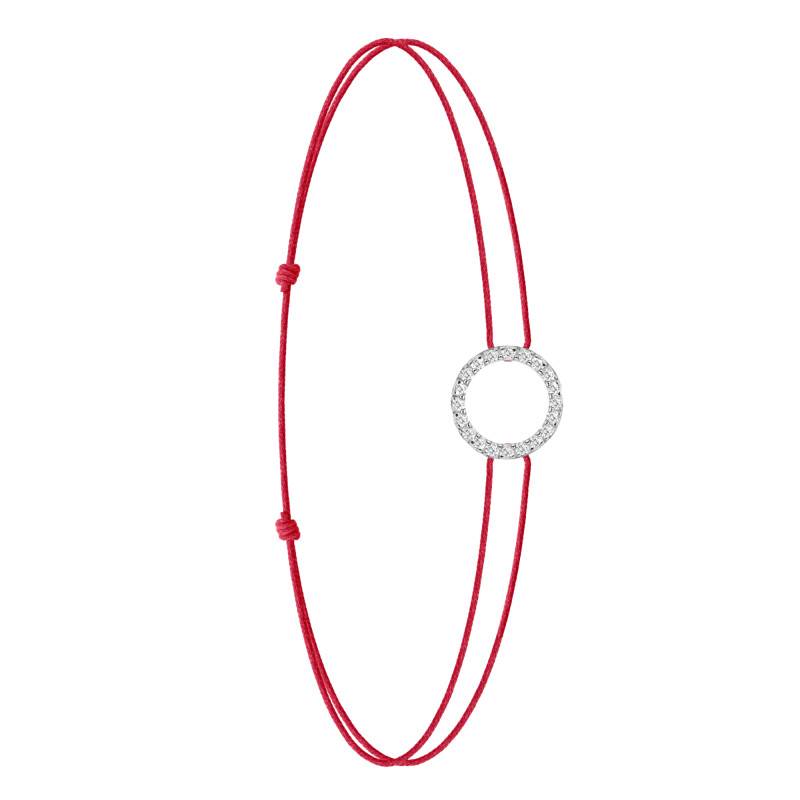 Bracelet Cordon Rouge, Diamants de Synthèse 0,12 ct sur Or Blanc 750, Longueur Ajustable - Ocarat