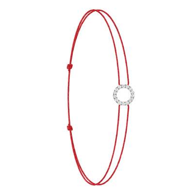 Red Cord Bracelet, 750 White Gold Lab-Grown Diamonds 0,10 ct, Adjustable Length - Ocarat