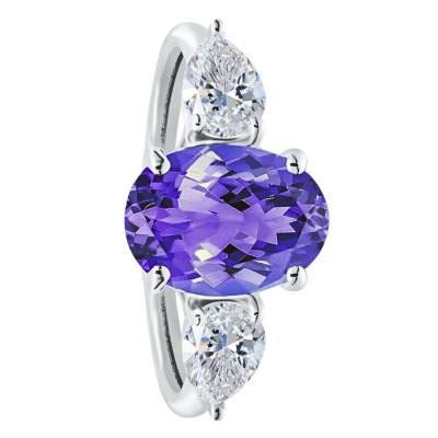 Solitaire Épaulé Tanzanite 2,50 ct & Diamant de Synthèse 0,50 ct en Or Blanc 750, Taille 53 - Ocarat