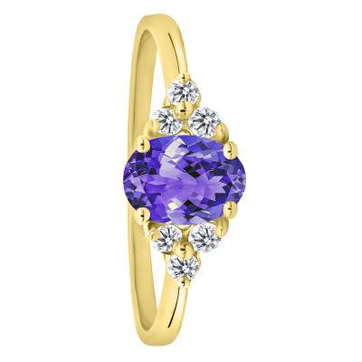 Bague Solitaire Épaulé Tanzanite 0,98 ct & Diamants de Synthèse 0,18 ct en Or Jaune 750, Taille 53 - Ocarat