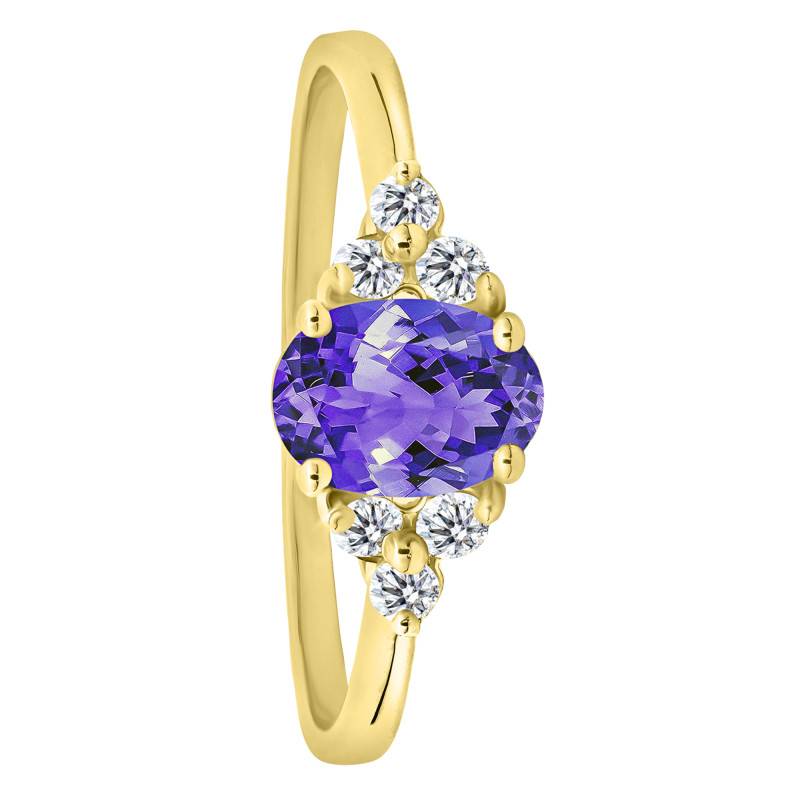 750/1000 Yellow Gold Tanzanite 0.98 ct & Lab-Grown Diamond 0.18 ct Shouldered Solitaire Ring, Size 53 - Ocarat