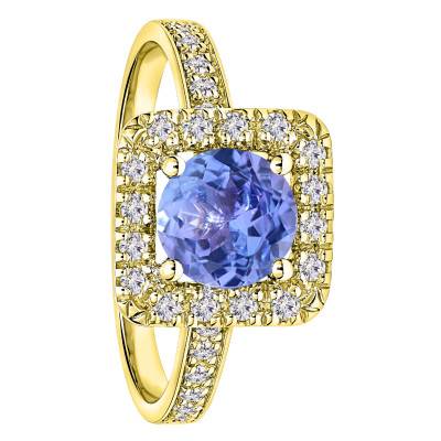 Solitaire Accompagné Tanzanite 6 x 6 mm & Diamants de Synthèse 0,40 ct en Or Jaune 750, Taille 54 - Ocarat