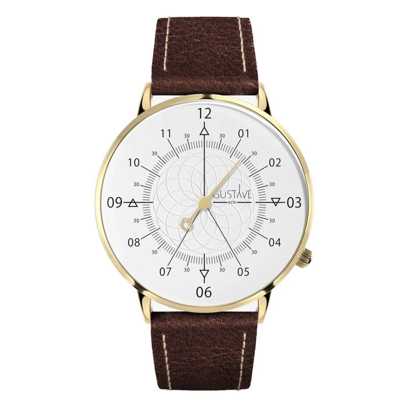 12H Louis Yellow Gold & White Chocolate Brown Leather 40mm Watch - Gustave & Cie