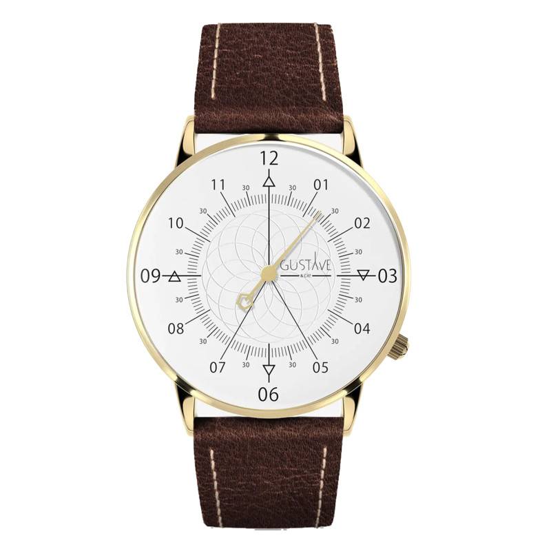 Montre 12H Louis Or & Blanc Cuir Marron Chocolat 36mm - Gustave & Cie
