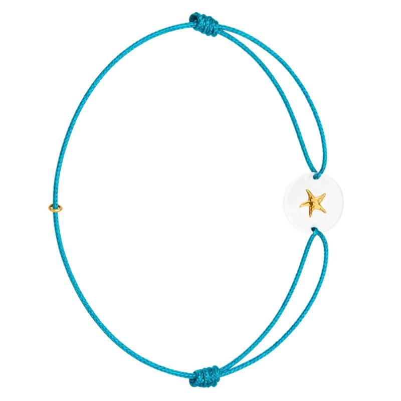 Blue Cord Starfish Bracelet in 375/1000 Yellow Gold & Mother-of-Pearl, Length 18 cm Adjustable - Ocarat