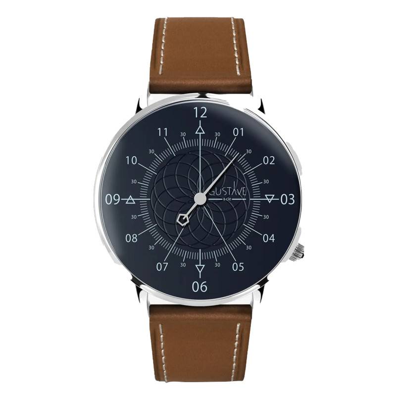 Montre 12H Louis Argent & Bleu Cuir Marron Chocolat 40mm - Gustave & Cie