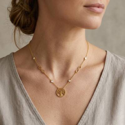 375 Yellow Gold & Zirconium Oxide Tree of Life Necklace, Adjustable Length 43 cm - Ocarat