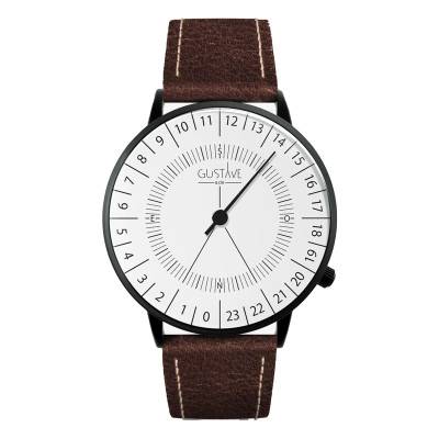 Montre 24H Antoine Noir & Blanc Cuir Marron Chocolat 40mm - Gustave & Cie