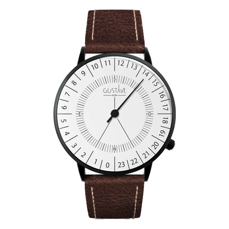 Montre 24H Antoine Noir & Blanc Cuir Marron Chocolat 40mm - Gustave & Cie