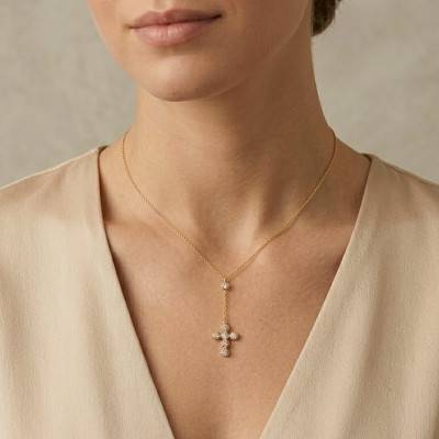 375/1000 Yellow Gold & Cubic Zirconia Cross Necklace, Adjustable 43 cm Length - Ocarat