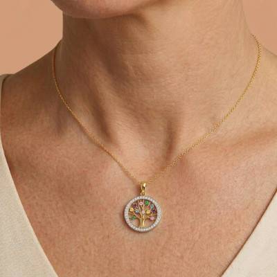 375 Yellow Gold & Multicolor Zirconium Oxide Tree of Life Pendant, 16 mm Diameter - Ocarat