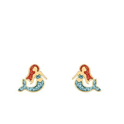 375 Yellow Gold & Blue and Red Glitter Lacquer Mermaid Stud Earrings - Ocarat