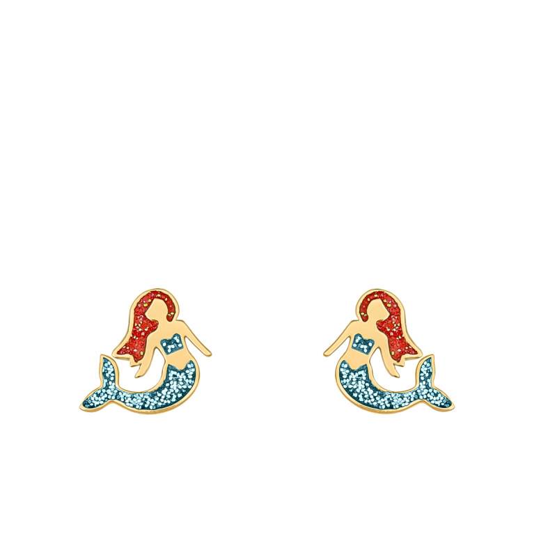 375 Yellow Gold & Blue and Red Glitter Lacquer Mermaid Stud Earrings - Ocarat
