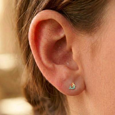 375 Yellow Gold & Blue and Red Glitter Lacquer Mermaid Stud Earrings - Ocarat