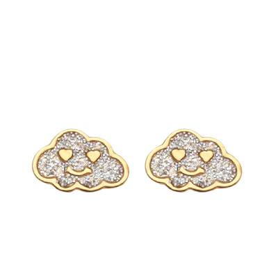 Boucles d'Oreilles Puces Nuages en Or Jaune 375 & Laque Paillettée grise - Ocarat