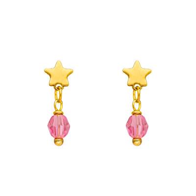 Boucles d'Oreilles Pendantes Étoiles & Cristaux Roses en Or Jaune 375 - Ocarat