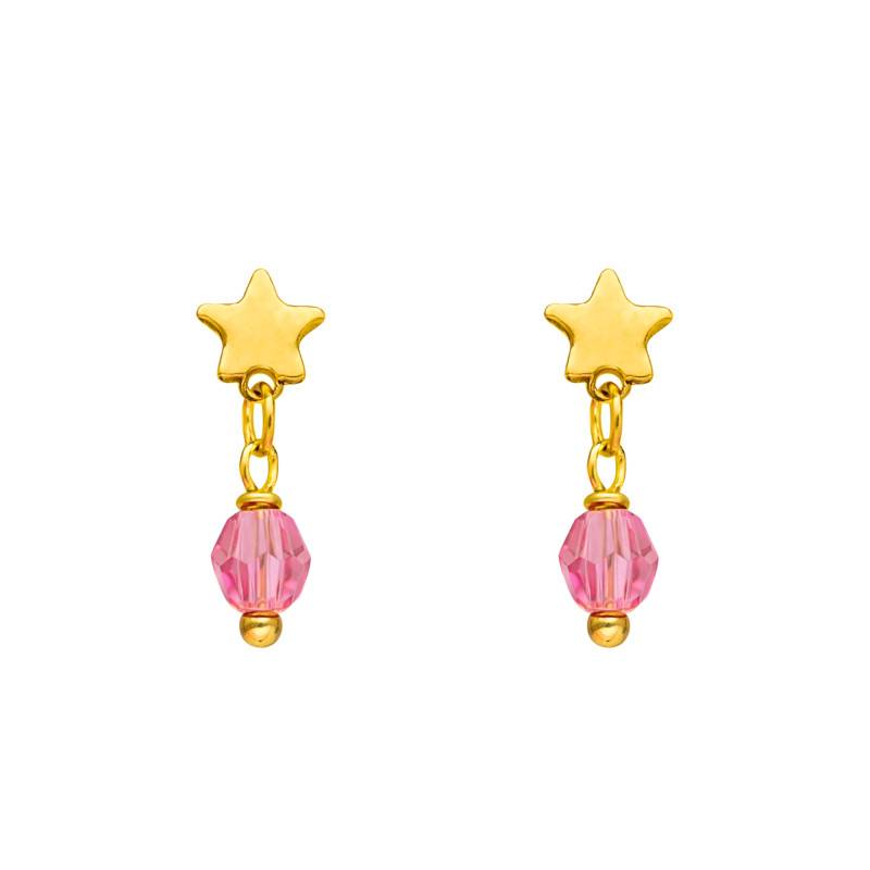 Boucles d'Oreilles Pendantes Étoiles & Cristaux Roses en Or Jaune 375 - Ocarat