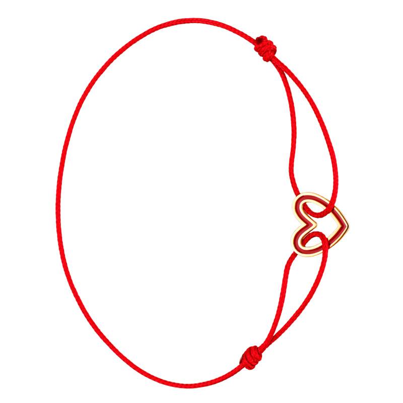 Bracelet Cordon Rouge Coeur Bicolore en Or Jaune 375, Longueur 18 cm Ajustable - Ocarat