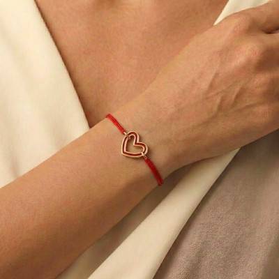 375 Yellow Gold Two-Tone Red Cord Heart Bracelet, Adjustable Length 18 cm - Ocarat
