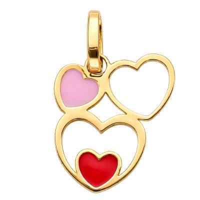 Pendentif Triple Coeurs Rouge & Rose en Or Jaune 375 - Ocarat