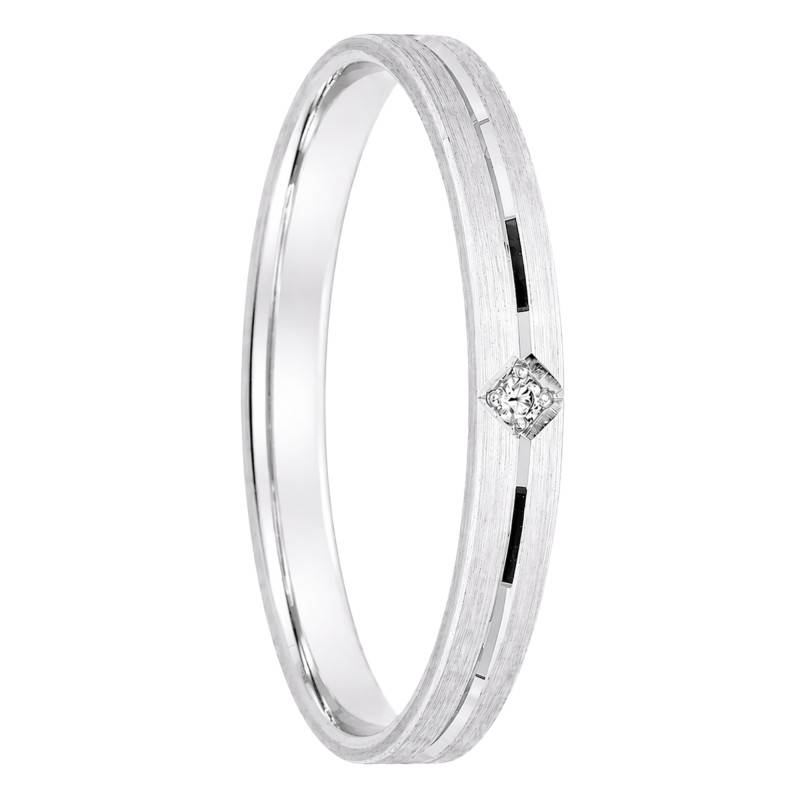Alliance Ruban Plat Confort Rainurée et Diamant 0,01 ct en Or Blanc 750, Largeur 2,5 mm - Ocarat