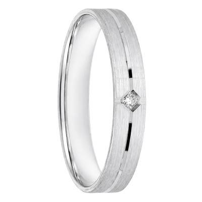 750/1000 White Gold Flat Comfort Grooved Wedding Ring with 0.01 ct Diamond, 3.5 mm Width - Ocarat