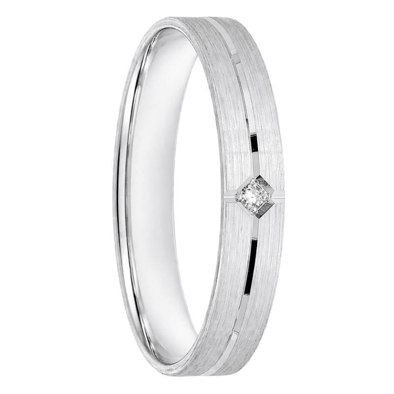 750/1000 White Gold Flat Comfort Grooved Wedding Ring with 0.01 ct Diamond, 3.5 mm Width - Ocarat