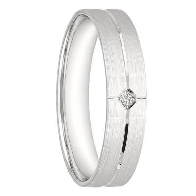 750/1000 White Gold Flat Comfort Grooved Wedding Ring with 0.01 ct Diamond, 4.5 mm Width - Ocarat