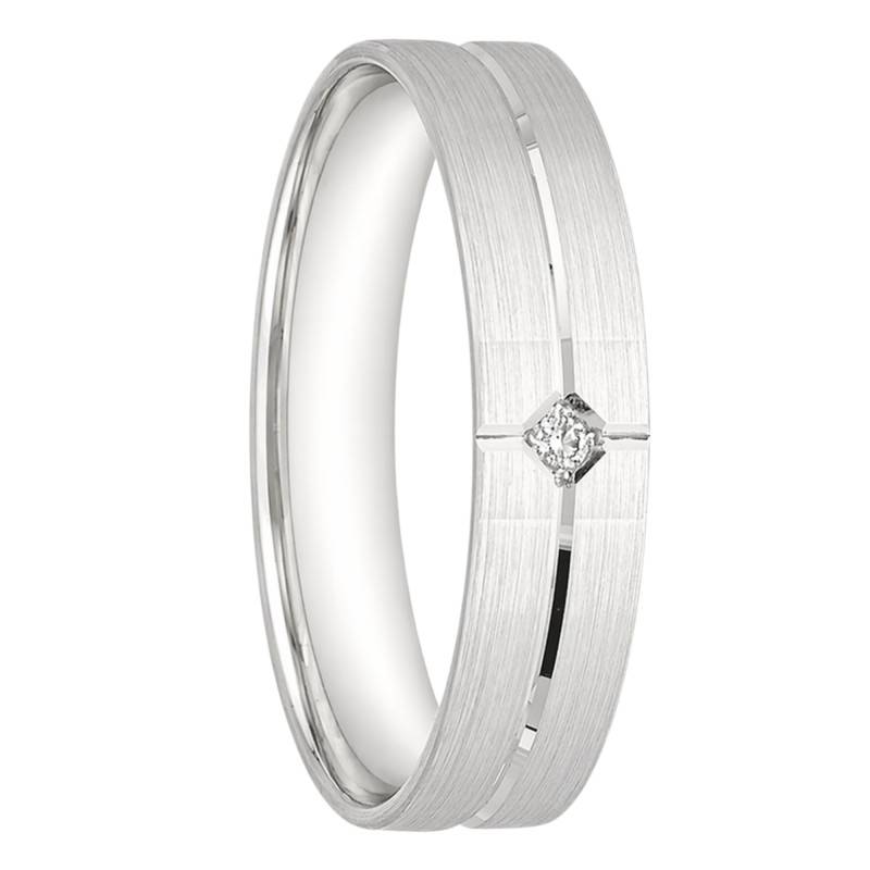 750/1000 White Gold Flat Comfort Grooved Wedding Ring with 0.01 ct Diamond, 4.5 mm Width - Ocarat