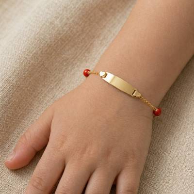 Gourmette Tonneau en Or Jaune 375 & Corail, Longueur de 12 cm à 14 cm ou de 14 cm à 16 cm - Bambins