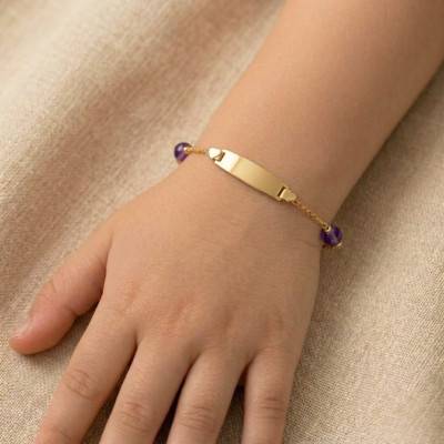 375/1000 Yellow Gold Heart Barrel Baby ID Bracelet with Amethysts, Length 12 cm to 14 cm or 14 cm to 16 cm - Bambins