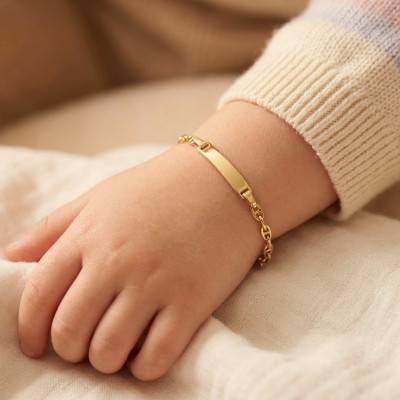 375 Yellow Gold Coffee Bean Chain Rectangular Baby ID Bracelet, Adjustable Length 14 cm - Ocarat
