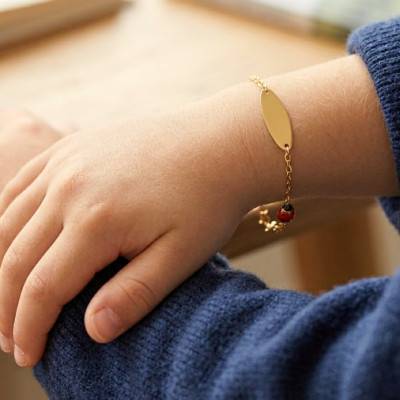 Gourmette Plaque Ovale Coccinelle en Or Jaune 375, Longueur 14 cm Ajustable - Ocarat