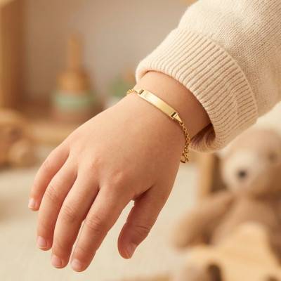 375 Yellow Gold Rectangular Baby ID Bracelet Rolo Chain, Adjustable Length 13 cm - Ocarat