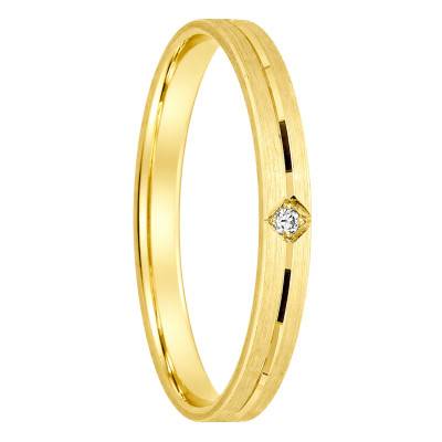 Yellow 375/1000 Gold Grooved Flat Comfort Ribbon Diamond 0,01 ct Wedding Ring 2.5 mm - Ocarat