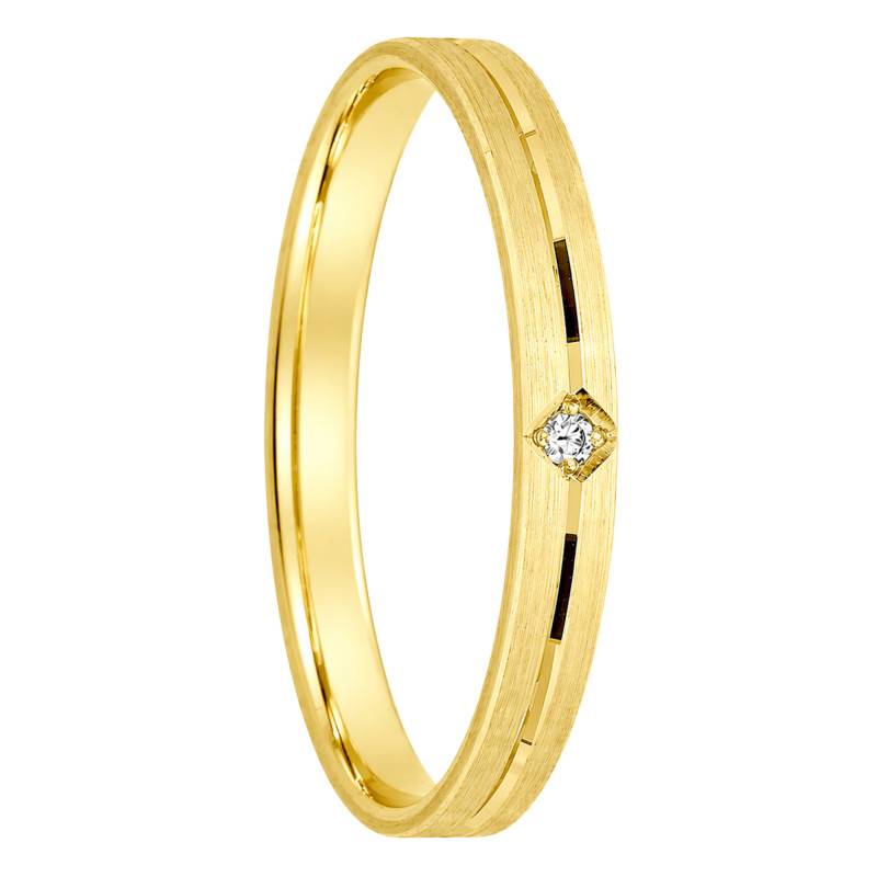 Yellow 375/1000 Gold Grooved Flat Comfort Ribbon Diamond 0,01 ct Wedding Ring 2.5 mm - Ocarat