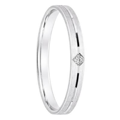 White 375/1000 Gold Grooved Flat Comfort Ribbon Diamond 0,01 ct Wedding Ring 2.5 mm - Ocarat
