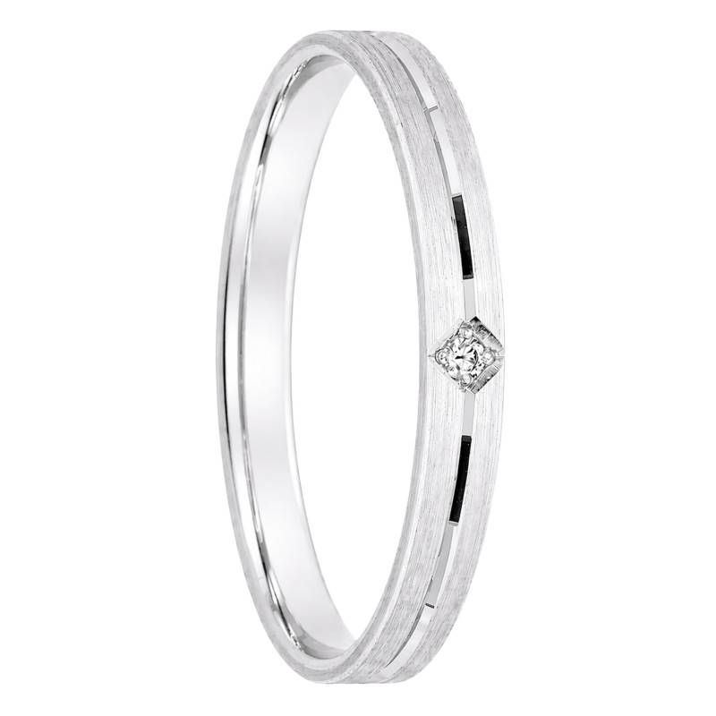 White 375/1000 Gold Grooved Flat Comfort Ribbon Diamond 0,01 ct Wedding Ring 2.5 mm - Ocarat