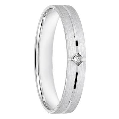 375/1000 White Gold Flat Comfort Grooved Wedding Ring with 0.01 ct Diamond, 3.5 mm Width - Ocarat
