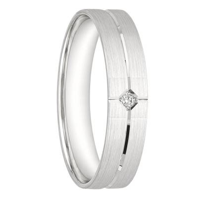 White 375/1000 Gold Grooved Flat Comfort Ribbon Diamond 0,01 ct Wedding Ring 4.5 mm - Ocarat