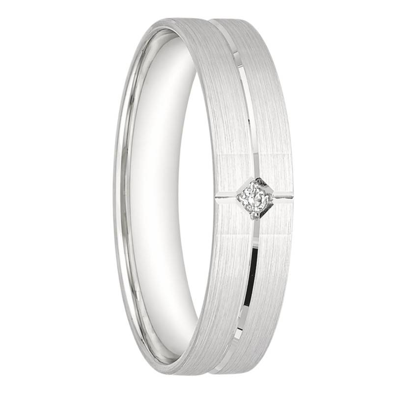 White 375/1000 Gold Grooved Flat Comfort Ribbon Diamond 0,01 ct Wedding Ring 4.5 mm - Ocarat
