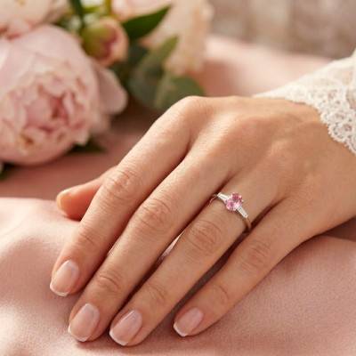 Bague Solitaire Épaulé Saphir Padpardsha Rose & Diamants de Synthèse 0,52 ct en Or Blanc 750, Taille 53 - Ocarat