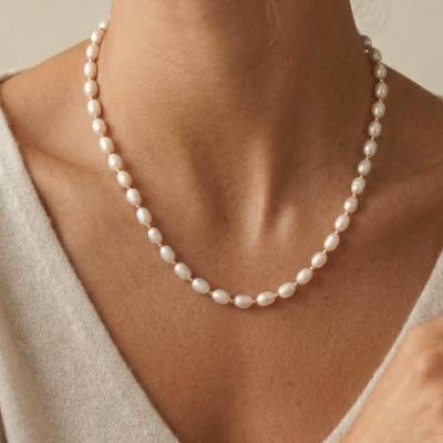 Collier Perles Blanches d'Eau Douce Grain de Riz en Or Jaune 750, Longueur 42 cm - Schmittgall