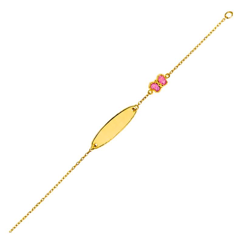 Gourmette Ovale Papillon Rose en Or Jaune 375, Longueur 14 cm Ajustable - Ocarat