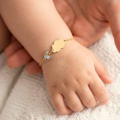 Gourmette Nuage & Ange Bleu en Or Jaune 375, Longueur 14 cm Ajustable - Ocarat