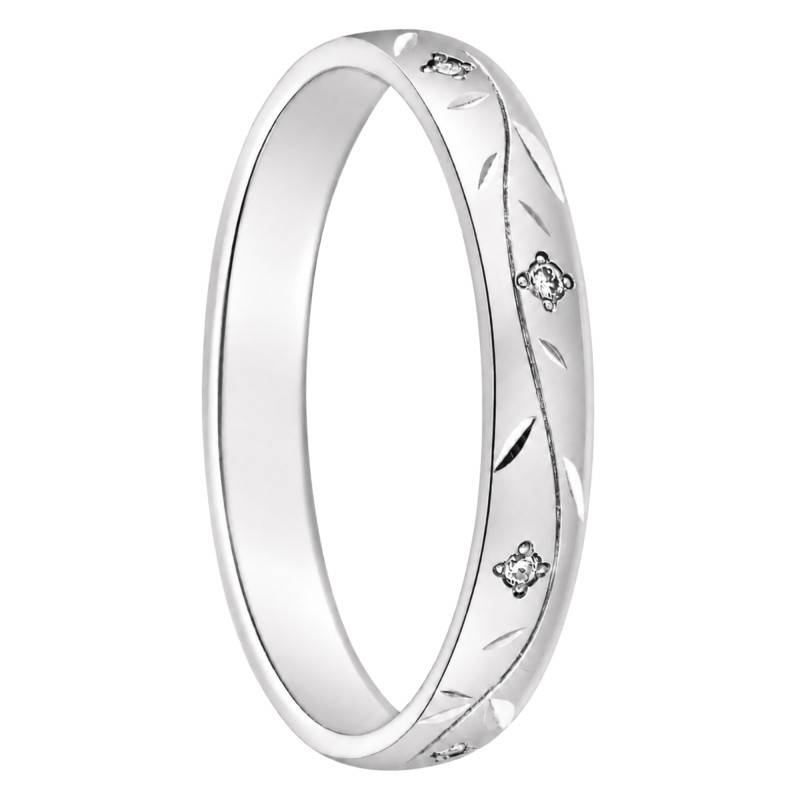 Alliance Demi Bombée Rainurée Diamants 0,048 ct en Or Blanc 375, Largeur 3,5 mm - Fair'Belle