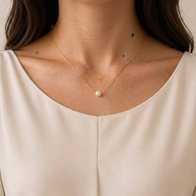 Collier Perle d'Eau Douce Semi-Ronde Blanche en Or Jaune 750, Longueur 41 cm - Schmittgall